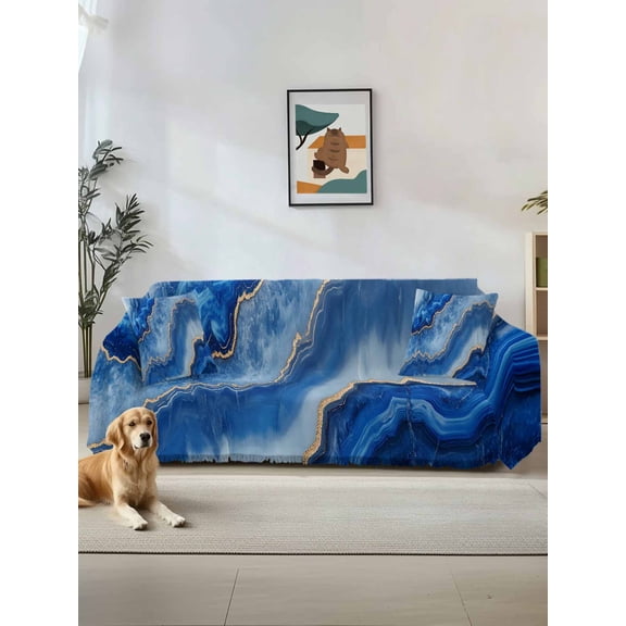 Blue Marble Couch Cover Sofa Covers 3 Cushion Sectional Couch, Modern Luxury Granite Surface Motif Sketch Washable Sofa Covers Slipcover Sectional Sofa Cover, Furniture Protector 71"x150"