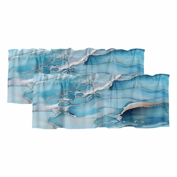 Blue Marble Curtain Valances for Windows, Kitchen Valance Window Treatments Panel 2 Pack, Modern Ink Painted Aesthetics Abstract Rod Pocket Short Curtains for Bathroom Bedroom 42 x 12 Inch