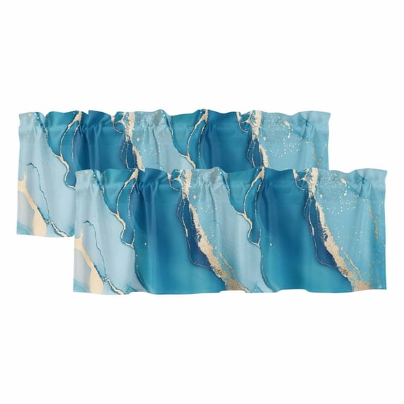 Blue Marble Curtain Valances for Windows, Kitchen Valance Window Treatments Panel 2 Pack, Modern Ink Painting Abstract Luxury Rod Pocket Short Curtains for Bathroom Bedroom 60 x 18 Inch