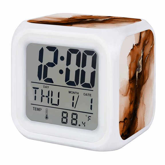 Blue Marble Digital Alarm Clock for Bedrooms, Smart LED Alarm Clock with 7 Color Changing Night Light, Modern Ombre Abstract Ink Painting Art Silent Wake Up Clocks for Sleep Study Cooking 3.2"x3.2"
