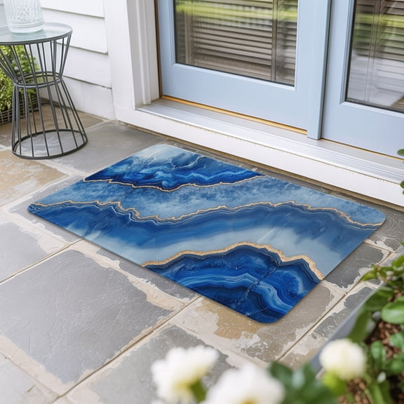 Blue Marble Door Mat Indoor Outdoor, Modern Luxury Granite Surface Motif Sketch Non Slip Welcome Mat with Rubber Backing, Absorbent Fabric Front Door Mats Entryway Rug for Home Patio Entrance 24"x36"