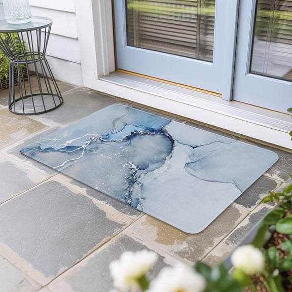 Blue Marble Door Mat Indoor Outdoor, Modern Ombre Abstract Fluid Aesthetic Non Slip Welcome Mat with Rubber Backing, Absorbent Fabric Front Door Mats Entryway Rug for Home Patio Entrance 24"x36"