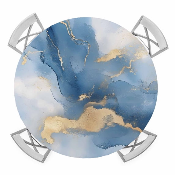 Blue Marble Elastic Fitted Round Table Cover Golden Ripple Abstract Art Waterproof Outdoor Tablecloth for Holiday Party, Picnic, Patio & Dining Fits Tables Up to 55"-60"