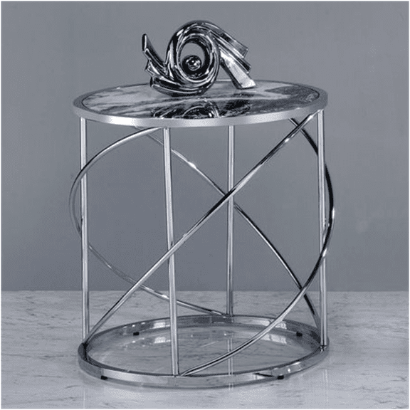Blue Marble End Table with Chrome Metal Base, Round Accent Table for Living Room