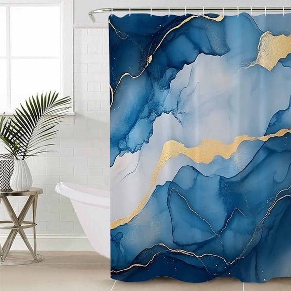 Blue Marble Extra Long Shower Curtain Set, Waterproof Shower Curtains for Bathroom, Modern Abstract Ink Painting Washable Fabric Cloth Bath Curtain for Bathtub Decoration with Hooks 72x96 Inches