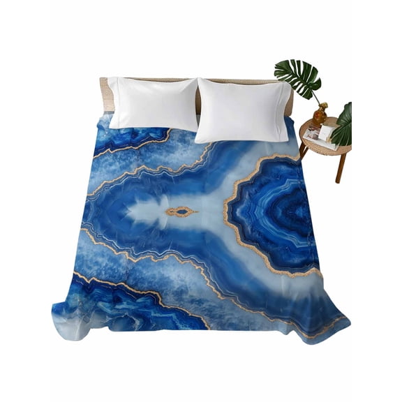 Blue Marble Flat Sheets Only King Size, Soft Breathable Bed Top Sheets for Mattress, Modern Luxury Granite Surface Motif Sketch Luxury Bedding Flat Sheets for Home Hotel Bedroom Bed Protection