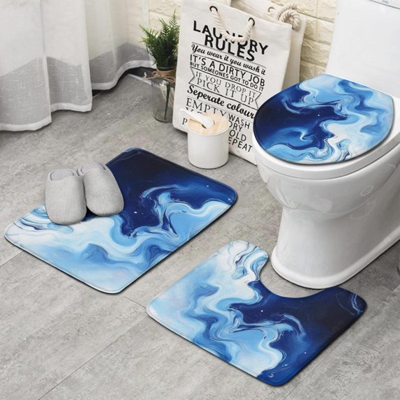 Blue Marble Flow Pattern Bathroom Rugs Sets 3 Piece,Toilet Cover Set,Absorbent Non Slip Bathroom Mats Sets with U-Shaped Contour Rug Toilet Rug Set