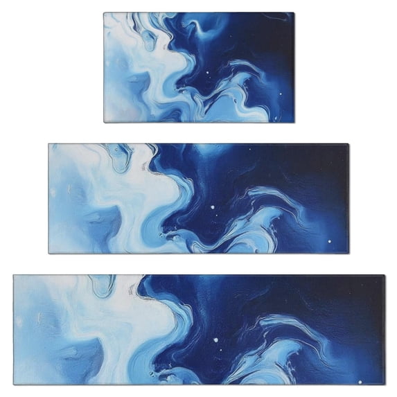 Blue Marble Flow Pattern Kitchen Rugs Sets Of 3,Kitchen Runner Rugs Non Skid Washable,Decorative Kitchen Floor Mats for Kitchen,Sink,Laundry,17"x30"+ 17"x47" + 17"x59"