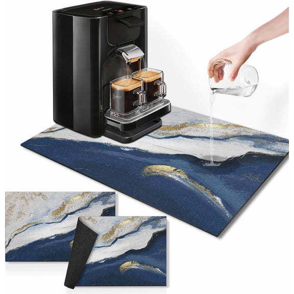 Blue Marble Geometric Coffee Mat for Countertops, Gold Modern Dish Drying Mat 2 Pcs for Kitchen Coffee Bar Accessories Fit Under Coffee Maker Espresso Machine Dish Rack Hide Stain Rubber