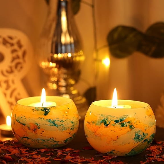 Blue Marble Glass Mosaic Tealight Candle Holder for Diwali Decor, Christmas Decor, Diwali Decoration - Pack of 2, Marble Art Glass Candle Holders