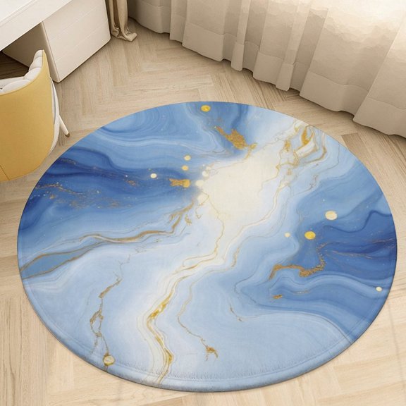 Blue Marble Gold Accents Round Area Rugs for Bedroom Living Room, 6FT Soft Indoor Circle Carpets, Carpet Home Decor Floor Mat