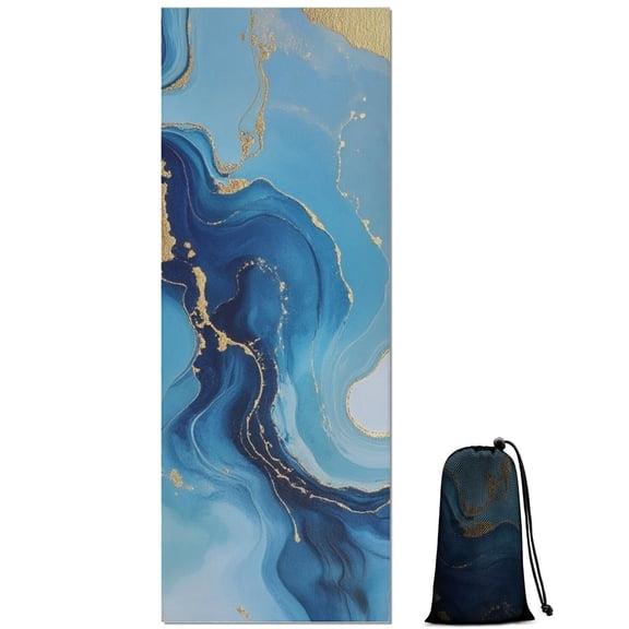 Blue Marble Gold Line Pattern Hot Yoga Mat Towel Non Slip for Hot Yoga - Quick-Drying Yoga Mat Cover with 4 Corner Pockets with Travel Bag - Hot Yoga Towel Non Slip 70"x26"
