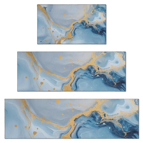 Blue Marble Gold Line Pattern Kitchen Rugs Sets Of 3,Kitchen Runner Rugs Non Skid Washable,Decorative Kitchen Floor Mats for Kitchen,Sink,Laundry,17"x30"+ 17"x47" + 17"x59"