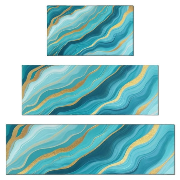 Blue Marble Gold Line Pattern Kitchen Rugs Sets Of 3,Kitchen Runner Rugs Non Skid Washable,Decorative Kitchen Floor Mats for Kitchen,Sink,Laundry,17"x30"+ 17"x47" + 17"x59"