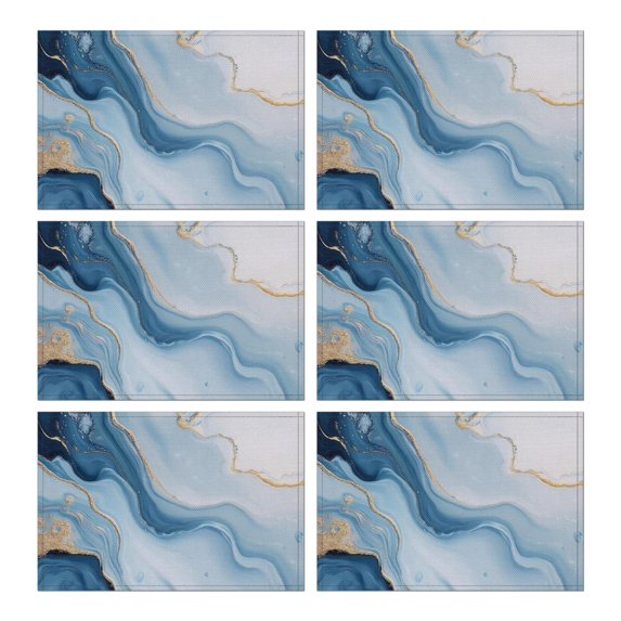 Blue Marble Gold Line Pattern Summer Placemats Table Placemats Set Of 6-Linen Kitchen Washable Placemats Table Mats 11.8"x17.7" Non-Slip Heat Resistant