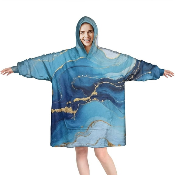 Blue Marble Gold Line Pattern Wearable Oversized Blanket,Wearable Blanket Hoodie for Adults,Cozy Hooded Blankets with Super Pockets,Super Warm Fuzzy Pullover for Women & Men