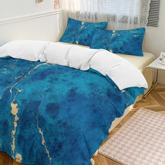 Blue Marble Gold Vein Art Print-3 Duvet Cover Set Themed Multicolor Polyester Bedding Set for Bedroom Decoration
