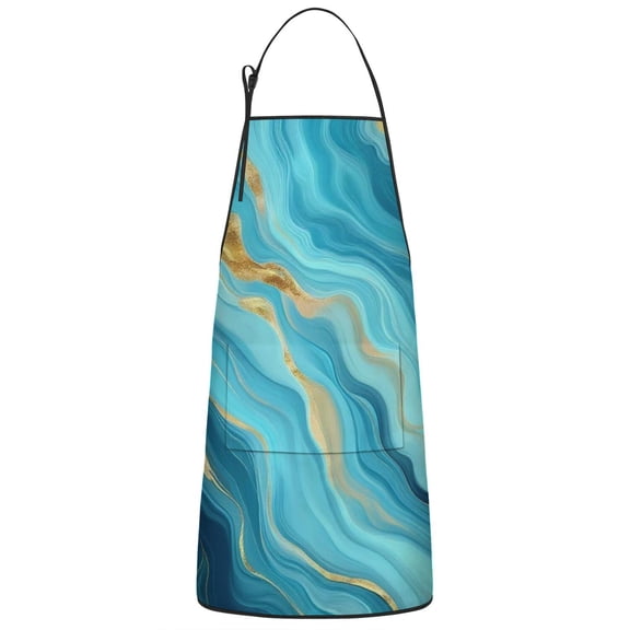 Blue Marble Gold Wave Pattern Apron-Garden Aprons for Women with Pockets-Cotton Linen Waterproof Kitchen Cooking Gardening Aprons Adjustable for Kitchen,Cooking,BBQ and Salon 33x27 Inch
