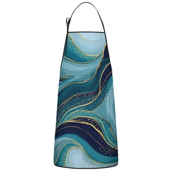 Blue Marble Gold Wave Pattern Apron-Garden Aprons for Women with Pockets-Cotton Linen Waterproof Kitchen Cooking Gardening Aprons Adjustable for Kitchen,Cooking,BBQ and Salon 33x27 Inch