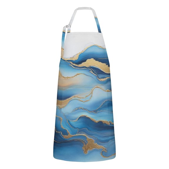 Blue Marble Gold Wave Pattern Apron-Garden Aprons for Women with Pockets-Cotton Linen Waterproof Kitchen Cooking Gardening Aprons Adjustable for Kitchen,Cooking,BBQ and Salon 33x27 Inch
