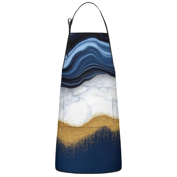 Blue Marble Gold Wave Pattern Apron-Garden Aprons for Women with Pockets-Cotton Linen Waterproof Kitchen Cooking Gardening Aprons Adjustable for Kitchen,Cooking,BBQ and Salon 33x27 Inch
