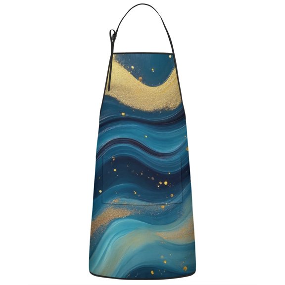 Blue Marble Gold Wave Pattern Apron-Garden Aprons for Women with Pockets-Cotton Linen Waterproof Kitchen Cooking Gardening Aprons Adjustable for Kitchen,Cooking,BBQ and Salon 33x27 Inch