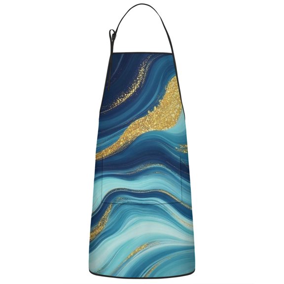 Blue Marble Gold Wave Pattern Apron-Garden Aprons for Women with Pockets-Cotton Linen Waterproof Kitchen Cooking Gardening Aprons Adjustable for Kitchen,Cooking,BBQ and Salon 33x27 Inch