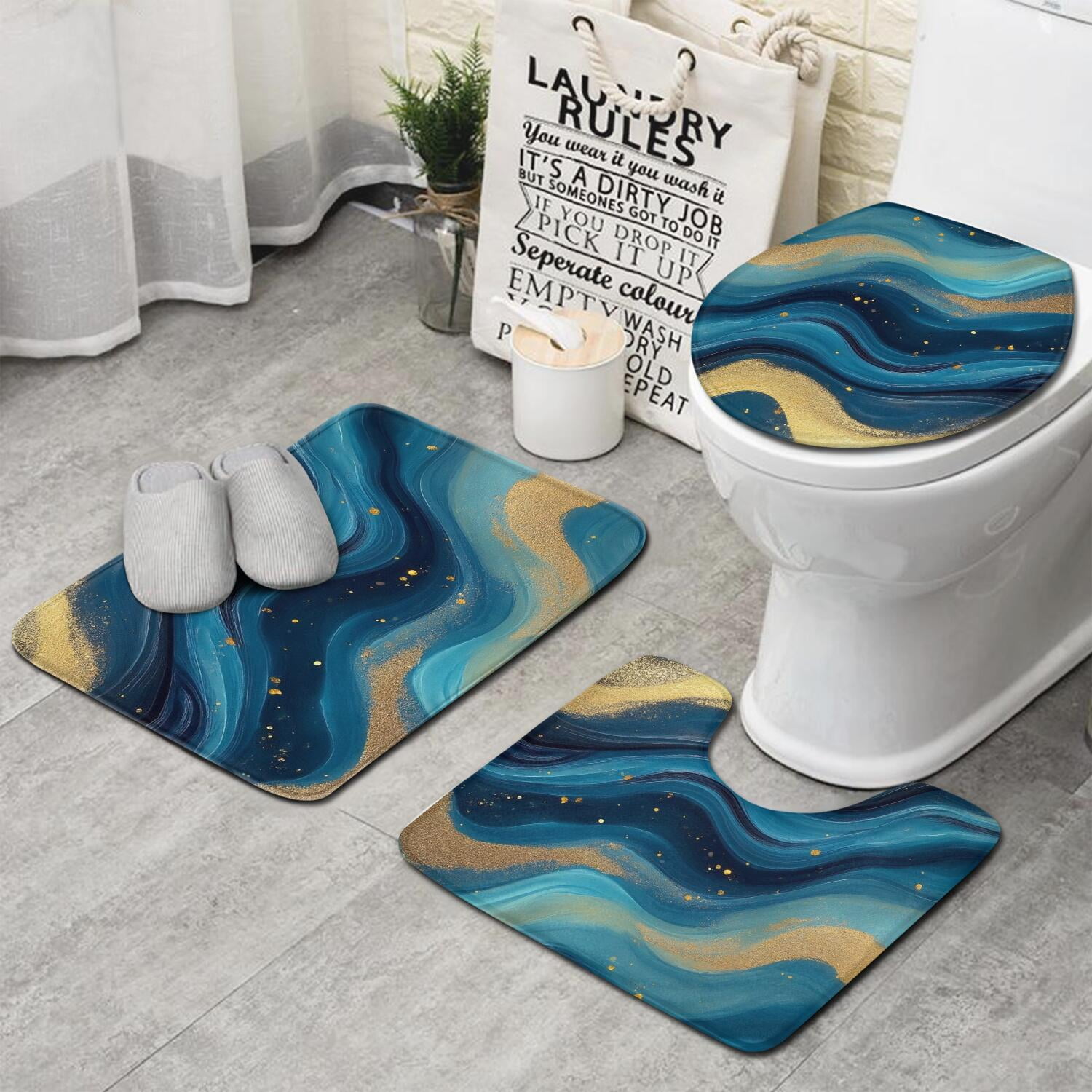 Blue Marble Gold Wave Pattern Bathroom Rugs Sets 3 Piece,Toilet Cover Set,Absorbent Non Slip Bathroom Mats Sets with U-Shaped Contour Rug Toilet Rug Set
