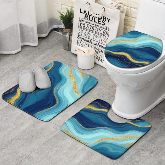 Blue Marble Gold Wave Pattern Bathroom Rugs Sets 3 Piece,Toilet Cover Set,Absorbent Non Slip Bathroom Mats Sets with U-Shaped Contour Rug Toilet Rug Set