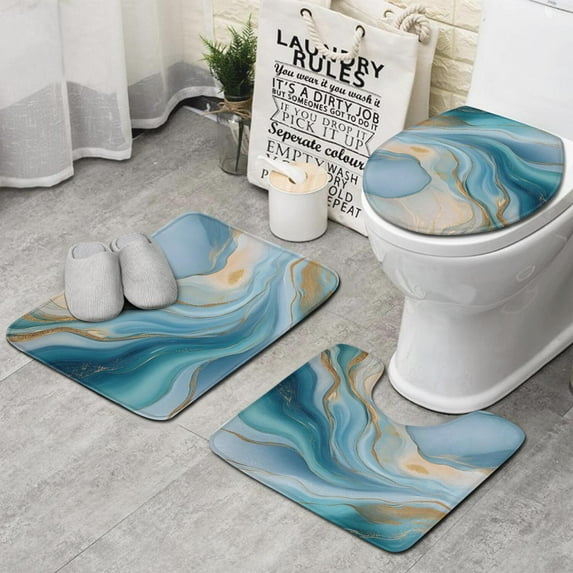 Blue Marble Gold Wave Pattern Bathroom Rugs Sets 3 Piece,Toilet Cover Set,Absorbent Non Slip Bathroom Mats Sets with U-Shaped Contour Rug Toilet Rug Set