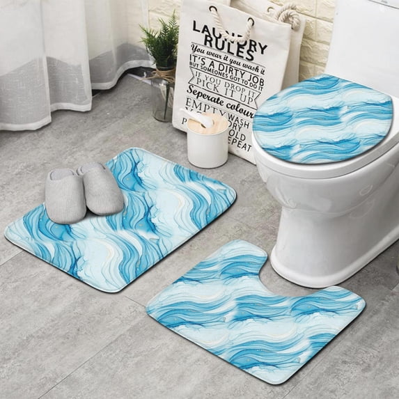 Blue Marble Gold Wave Pattern Bathroom Rugs Sets 3 Piece,Toilet Cover Set,Absorbent Non Slip Bathroom Mats Sets with U-Shaped Contour Rug Toilet Rug Set