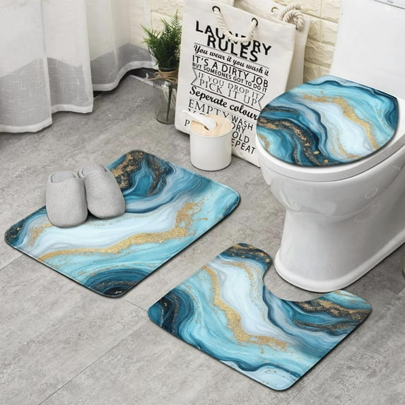 Blue Marble Gold Wave Pattern Bathroom Rugs Sets 3 Piece,Toilet Cover Set,Absorbent Non Slip Bathroom Mats Sets with U-Shaped Contour Rug Toilet Rug Set