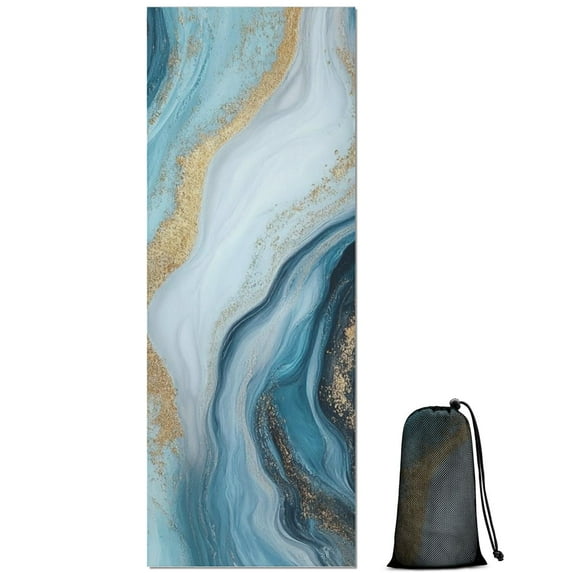 Blue Marble Gold Wave Pattern Hot Yoga Mat Towel Non Slip for Hot Yoga - Quick-Drying Yoga Mat Cover with 4 Corner Pockets with Travel Bag - Hot Yoga Towel Non Slip 74"x26"