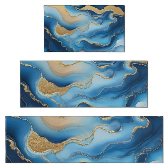 Blue Marble Gold Wave Pattern Kitchen Rugs Sets Of 3,Kitchen Runner Rugs Non Skid Washable,Decorative Kitchen Floor Mats for Kitchen,Sink,Laundry,17"x30"+ 17"x47" + 17"x59"