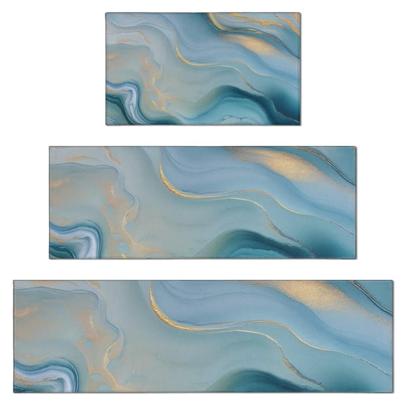 Blue Marble Gold Wave Pattern Kitchen Rugs Sets Of 3,Kitchen Runner Rugs Non Skid Washable,Decorative Kitchen Floor Mats for Kitchen,Sink,Laundry,17"x30"+ 17"x47" + 17"x59"