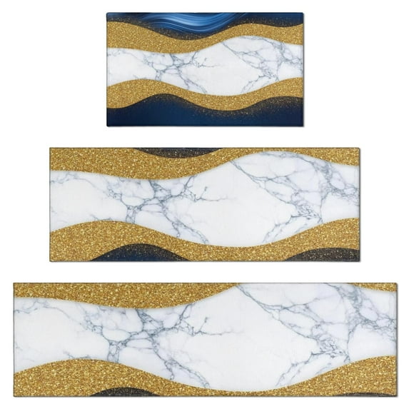 Blue Marble Gold Wave Pattern Kitchen Rugs Sets Of 3,Kitchen Runner Rugs Non Skid Washable,Decorative Kitchen Floor Mats for Kitchen,Sink,Laundry,17"x30"+ 17"x47" + 17"x59"