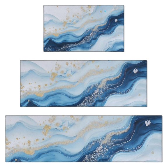 Blue Marble Gold Wave Pattern Kitchen Rugs Sets Of 3,Kitchen Runner Rugs Non Skid Washable,Decorative Kitchen Floor Mats for Kitchen,Sink,Laundry,17"x30"+ 17"x47" + 17"x59"