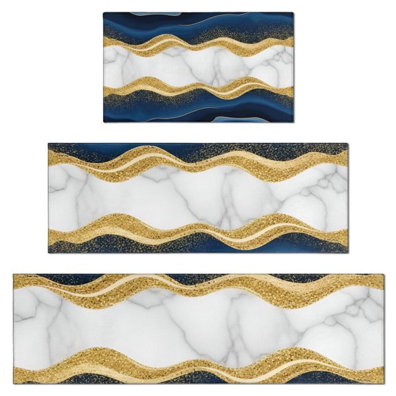 Blue Marble Gold Wave Pattern Kitchen Rugs Sets Of 3,Kitchen Runner Rugs Non Skid Washable,Decorative Kitchen Floor Mats for Kitchen,Sink,Laundry,17"x30"+ 17"x47" + 17"x59"