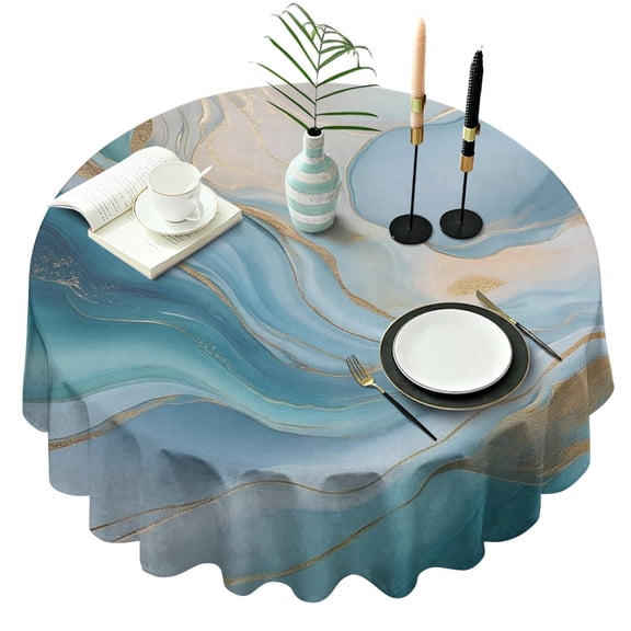 Blue Marble Gold Wave Pattern Round Tablecloth 60"x60",Wrinkle Wipeable Table Cloth for Kitchen Dining Room Picnic Patio Party