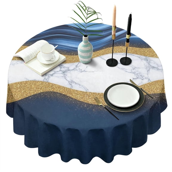 Blue Marble Gold Wave Pattern Round Tablecloth 60"x60",Wrinkle Wipeable Table Cloth for Kitchen Dining Room Picnic Patio Party
