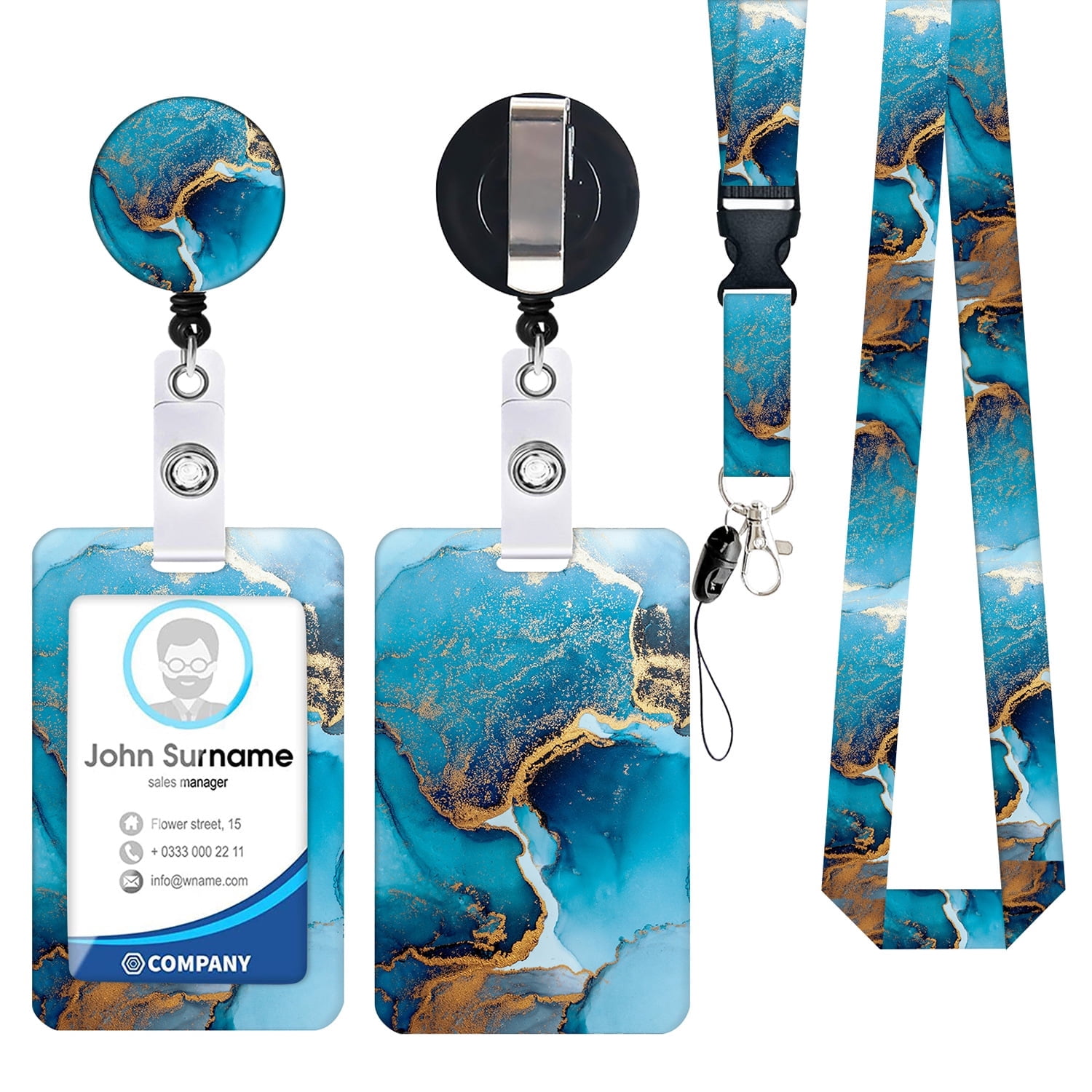 Blue Marble Heavy Duty Badge Holder with Retractable Reel,ID Card Holder Cover Case,Work Badge  with Key Ring Lanyard
