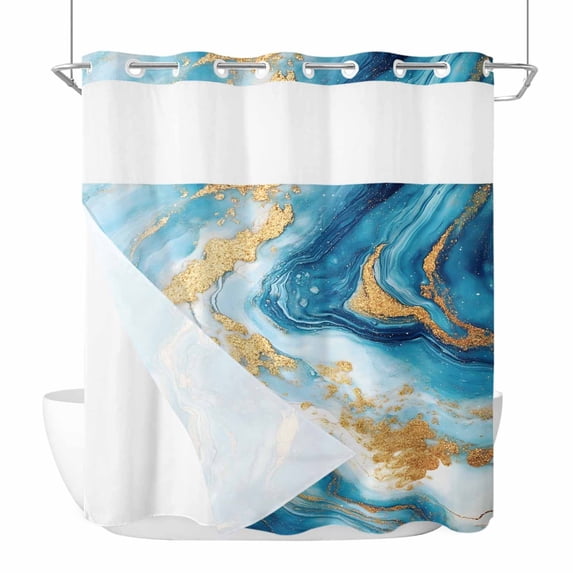 Blue Marble No Hook Shower Curtain Waterproof, Bathroom Curtains with Snap in Liners and See Through Top Window, Luxury Yellow Modern Ink Painting Art Hotel Style Bathtub Curtains Shower 66"Wx72"L