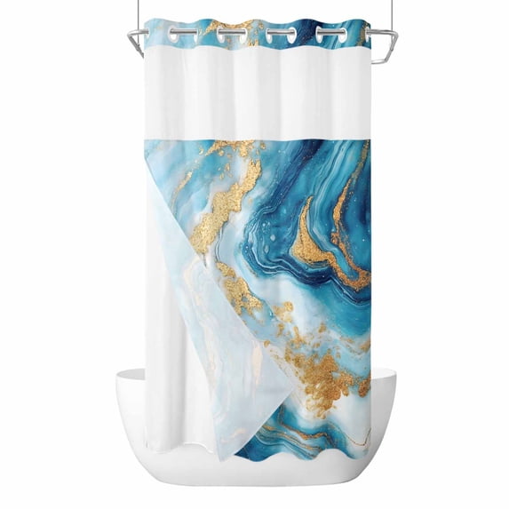 Blue Marble No Hook Shower Curtain Waterproof, Bathroom Curtains with Snap in Liners and See Through Top Window, Luxury Yellow Modern Ink Painting Art Hotel Style Bathtub Curtains Shower 36"Wx78"L