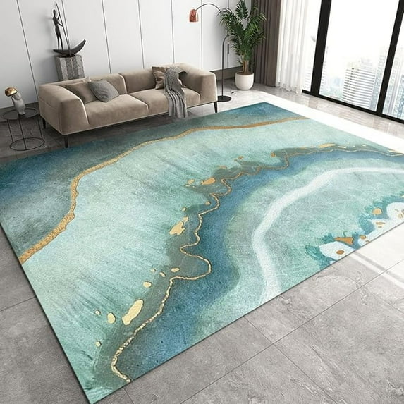 Blue Marble Ink Texture Living Room Area Rug, Golden Abstract Swirl Washable Non-Slip Rug, Large Area Rug, Soft, Durable, Foldable For Bedroom Balcony 4x6ft