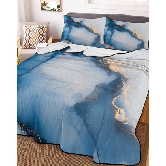 Blue Marble King Size Down Alternative Comforter, Lightweight Comforter Quilt Bedding Set with Pillow Shams Modern Gray Golden Abstract Gradient Art All Seasons Bed Comforter Duvet Insert 96"x106"