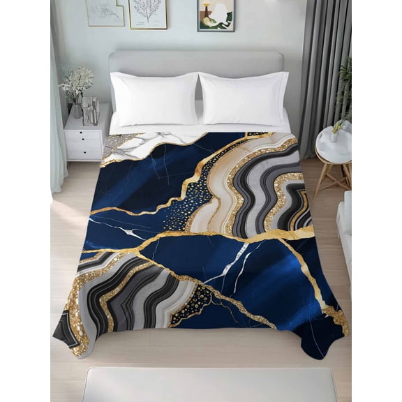 Blue Marble King Size Flat Sheet, Wrinkleproof & Fadeproof Cooling Flat Bed Sheet Only, Grey Gold Texture Vintage Farmhouse Art Breathable Soft Bedding Top Sheets 105 x 98 Inches