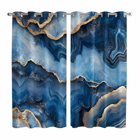 Blue Marble Kitchen Curtains 63 Inch Length, Contemporary Abstract Golden Foil Texture Grommet Top Bedroom Living Room Curtains, Light Filtering Cafe Curtain Drapes 2 Panels Set 84''x63''