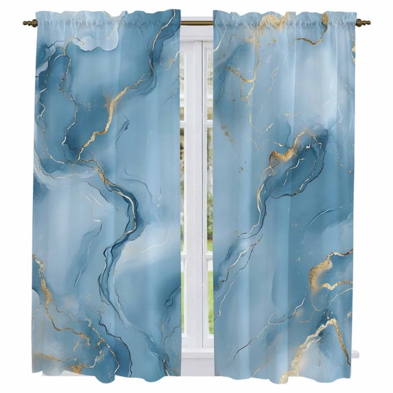 Blue Marble Kitchen Curtains, Ink Painting Art Yellow Modern Light Filtering Window Curtain Panels, 2Pcs Rod Pocket Window Treatments Set for Living Room Bathroom Bedroom 42x63 Inches