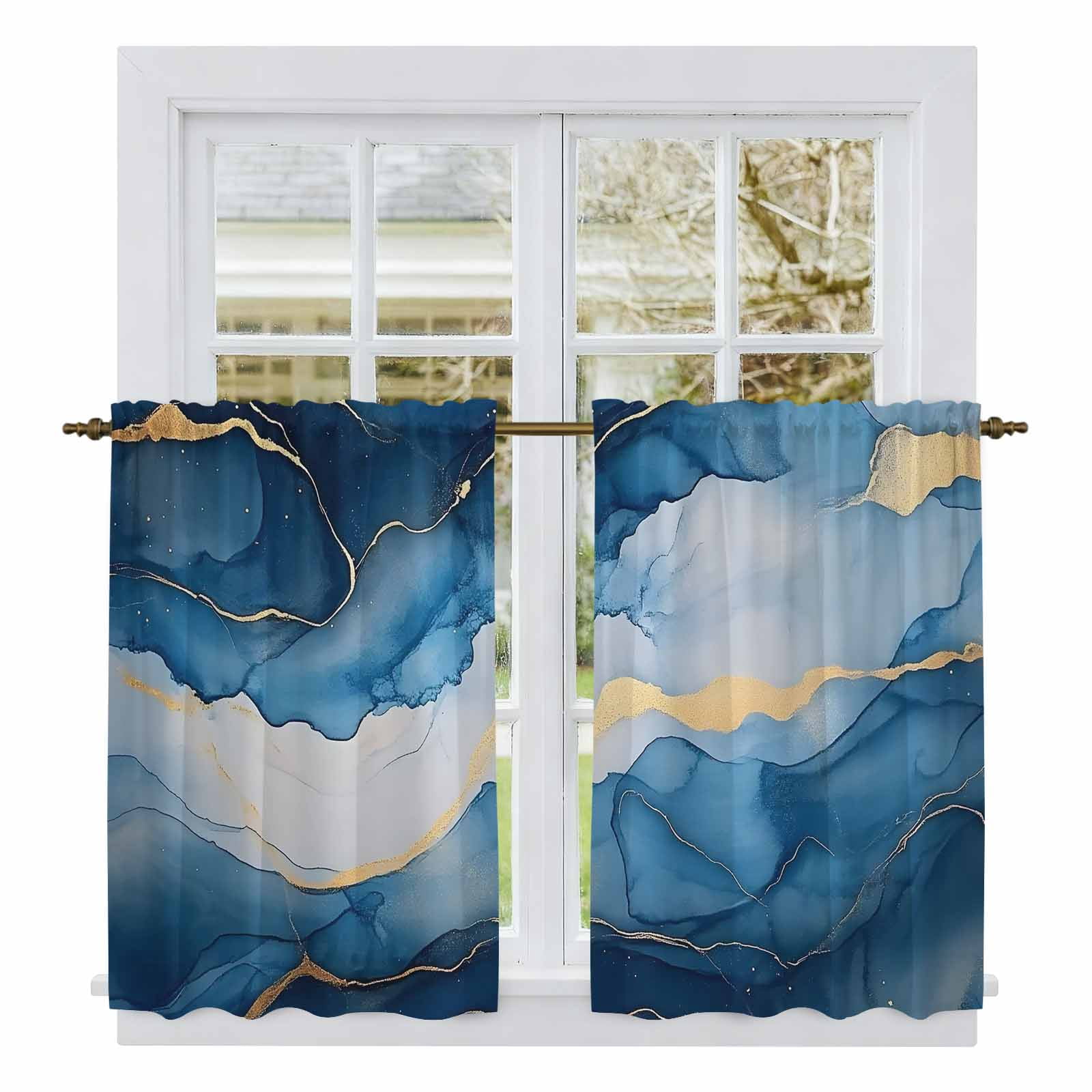 Window Ink Panel Blue Marble Kitchen Curtains, Modern Abstract Ink Painting Light ...