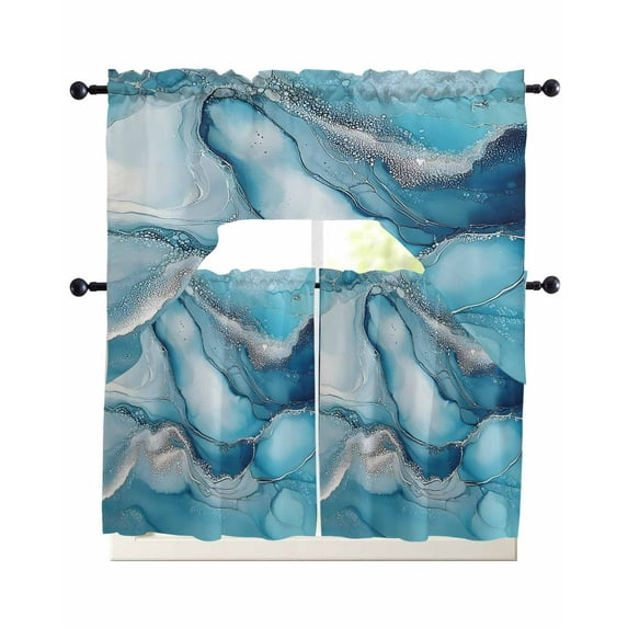 Blue Marble Kitchen Curtains Sets 24 Inch Length with Valance, Modern Impressionist Art Abstract Swag Valances and Tiers Curtain Set Drapes Swag Curtains for Living Room, Bathroom, Bedroom, Cafe